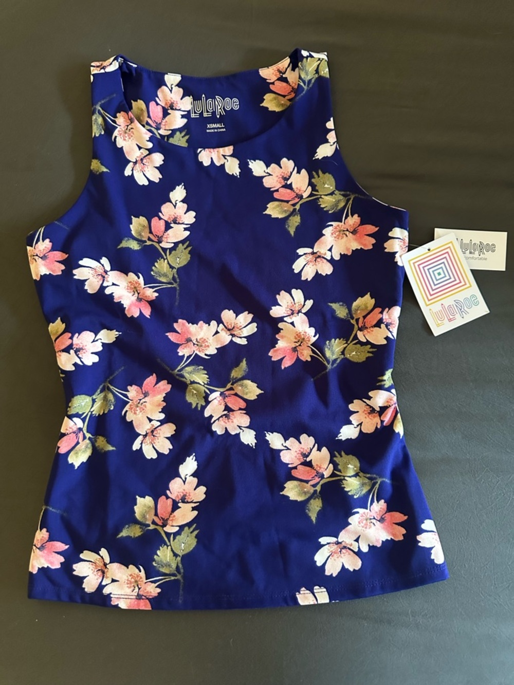 LuLaRoe Floral Sleeveless Tank Top - Navy with Pink and Green Accents